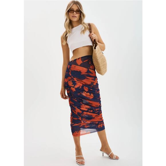 Anthropologie Dresses & Skirts - NWT Anthropologie LAMARQUE Pace Floral Ruched Sheer Mesh Bodycon Midi Skirt XXS